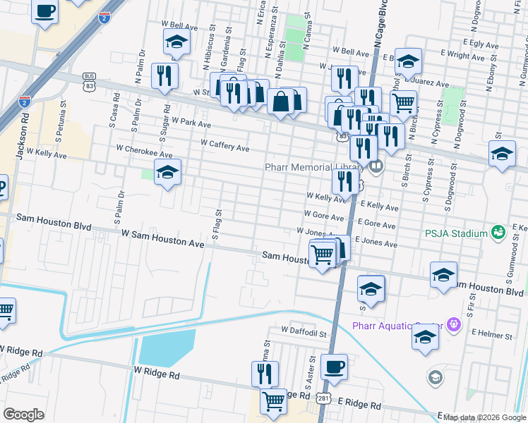 map of restaurants, bars, coffee shops, grocery stores, and more near 416 West Gore Avenue in Pharr