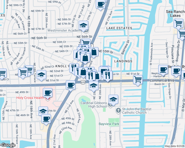 map of restaurants, bars, coffee shops, grocery stores, and more near 2453 Northeast 51st Street in Fort Lauderdale
