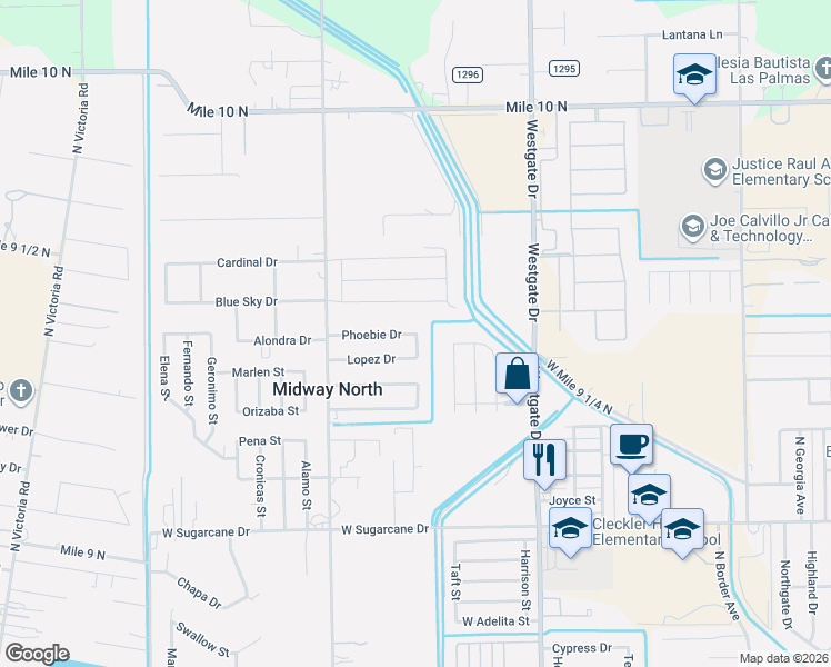 map of restaurants, bars, coffee shops, grocery stores, and more near 2100 Phoebie Drive in Weslaco