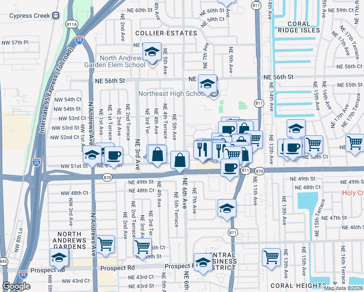 map of restaurants, bars, coffee shops, grocery stores, and more near 5217 Northeast 6th Avenue in Fort Lauderdale