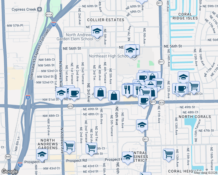 map of restaurants, bars, coffee shops, grocery stores, and more near 5224 Northeast 4th Terrace in Fort Lauderdale