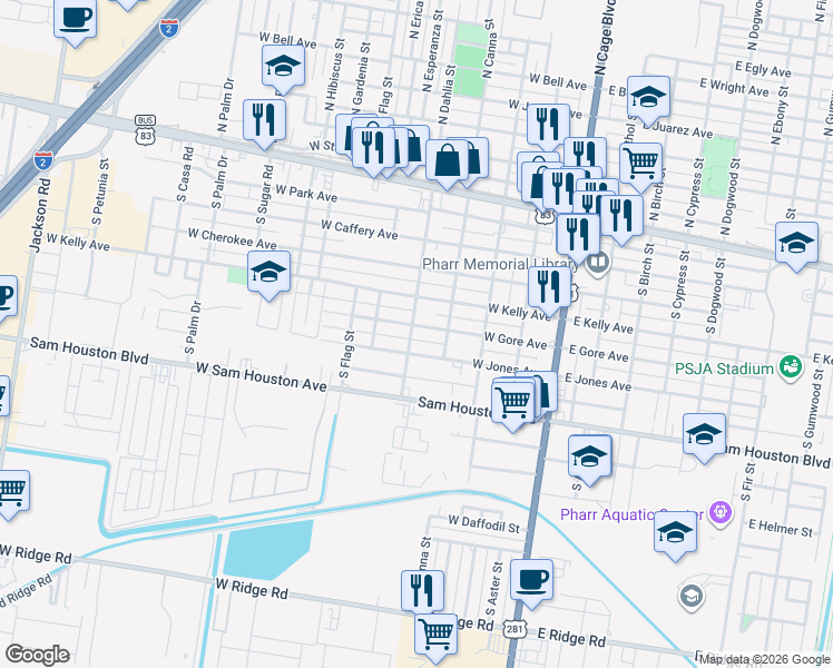 map of restaurants, bars, coffee shops, grocery stores, and more near 416 West Gore Avenue in Pharr