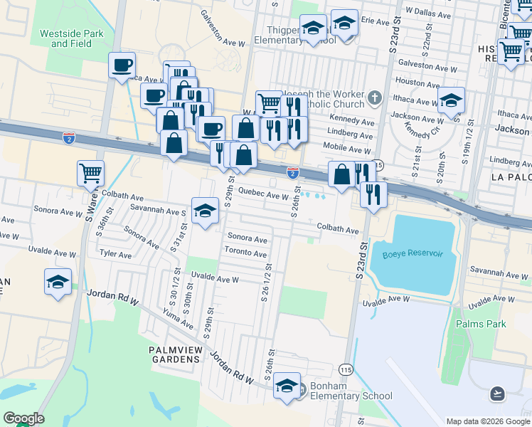 map of restaurants, bars, coffee shops, grocery stores, and more near 2712 Richmond Avenue in McAllen
