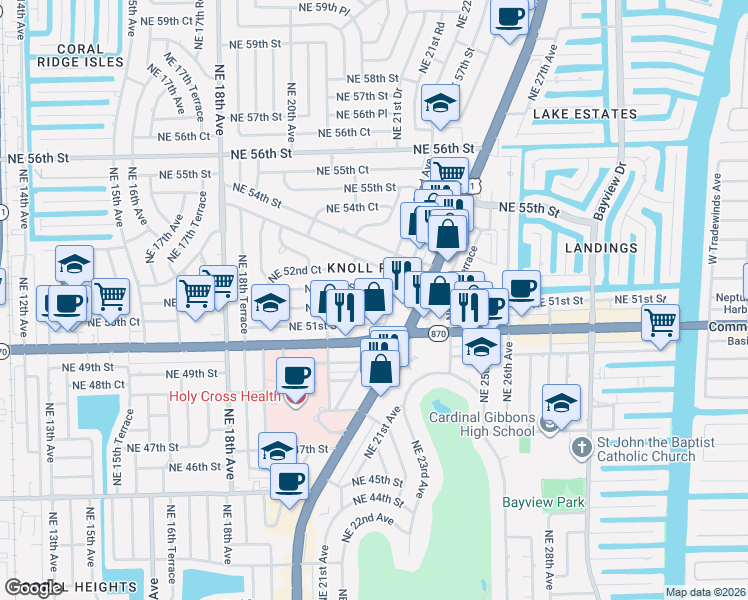 map of restaurants, bars, coffee shops, grocery stores, and more near 2251 Northeast 52nd Street in Fort Lauderdale