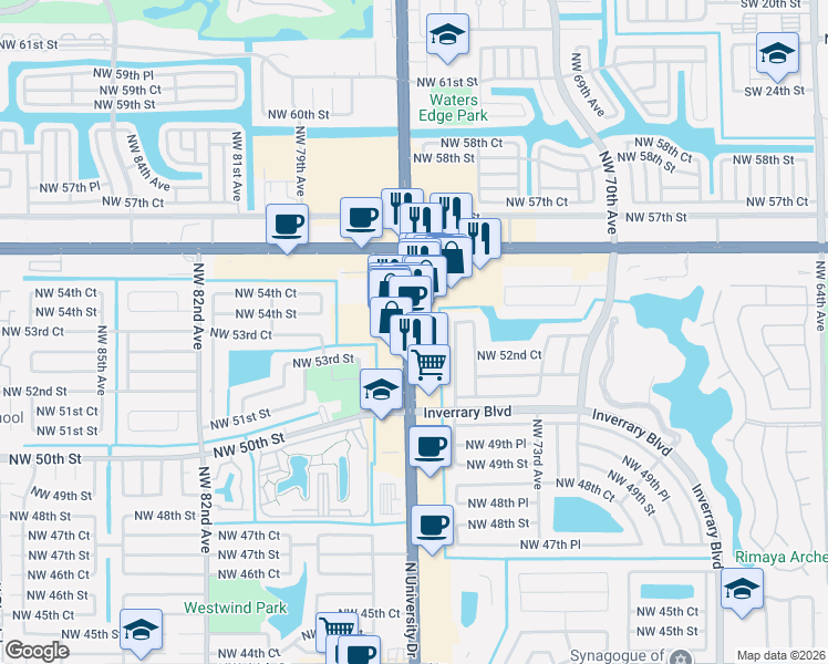 map of restaurants, bars, coffee shops, grocery stores, and more near 5460 North University Drive in Lauderhill