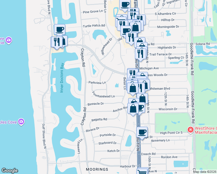 map of restaurants, bars, coffee shops, grocery stores, and more near 3828 Parkview Lane in Naples