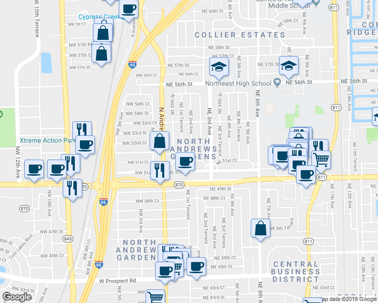 map of restaurants, bars, coffee shops, grocery stores, and more near 5217 Northeast 2nd Avenue in Fort Lauderdale