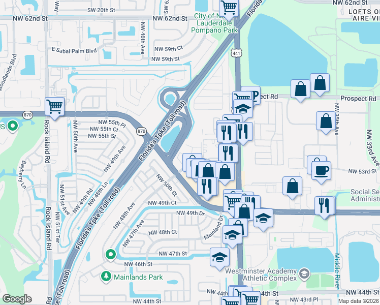 map of restaurants, bars, coffee shops, grocery stores, and more near 118 Treehouse Lane in Tamarac