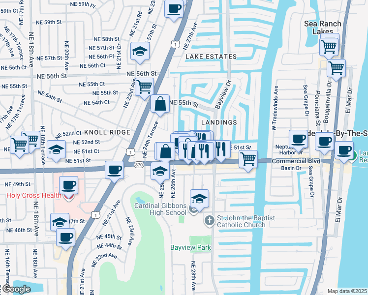 map of restaurants, bars, coffee shops, grocery stores, and more near 2810 Northeast 52nd Street in Fort Lauderdale