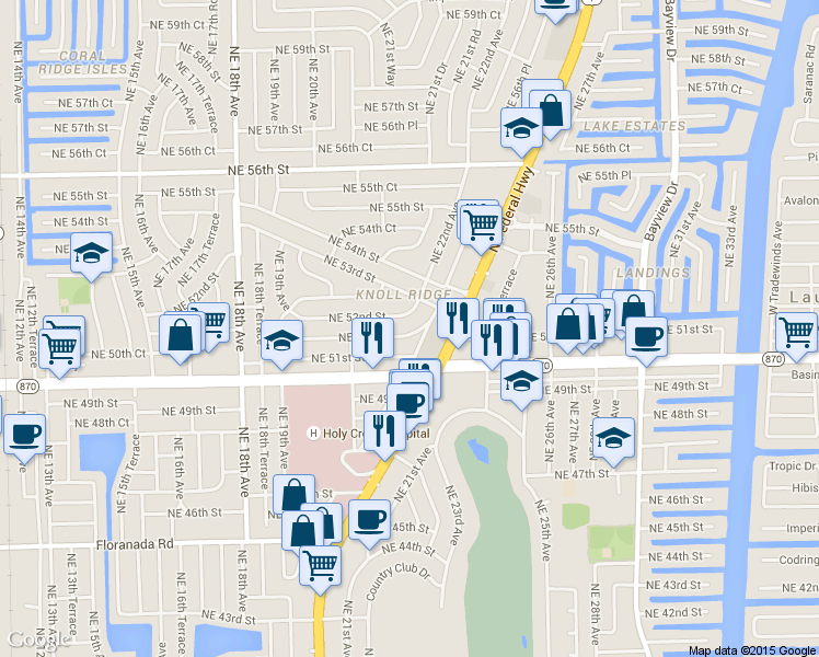 map of restaurants, bars, coffee shops, grocery stores, and more near 2251 Northeast 52nd Street in Fort Lauderdale