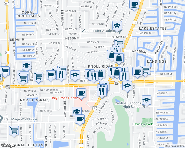 map of restaurants, bars, coffee shops, grocery stores, and more near 2131 Northeast 52nd Street in Fort Lauderdale