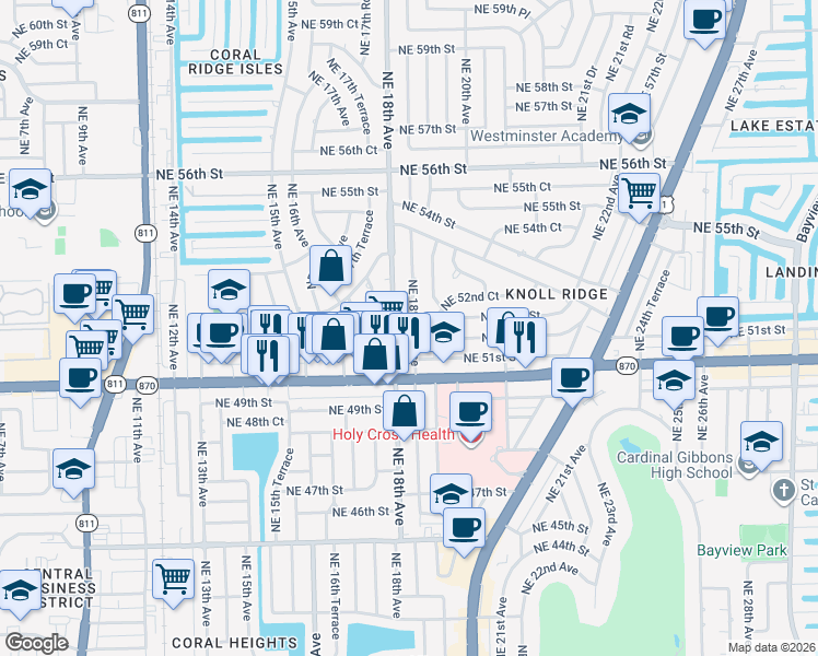 map of restaurants, bars, coffee shops, grocery stores, and more near 5180 Northeast 18th Avenue in Fort Lauderdale