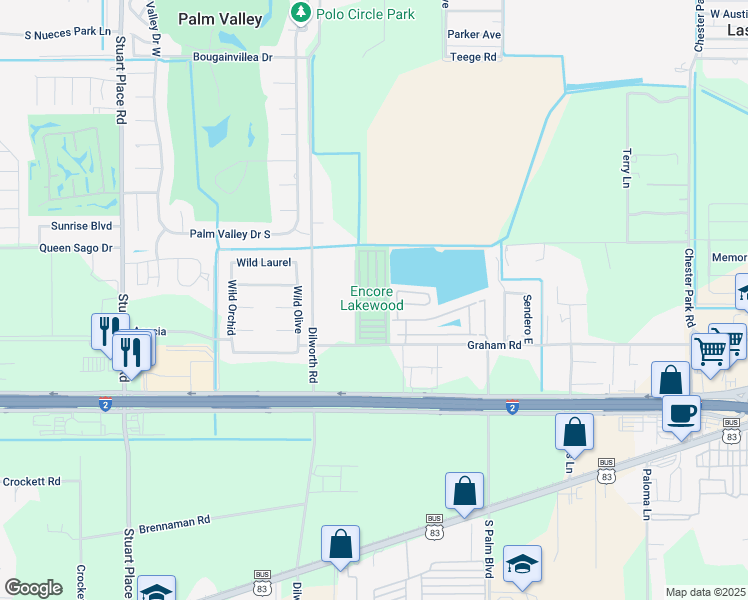 map of restaurants, bars, coffee shops, grocery stores, and more near 194 Aspen Drive in Harlingen