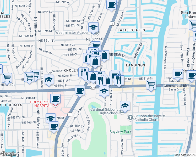 map of restaurants, bars, coffee shops, grocery stores, and more near 2455 Northeast 51st Street in Fort Lauderdale