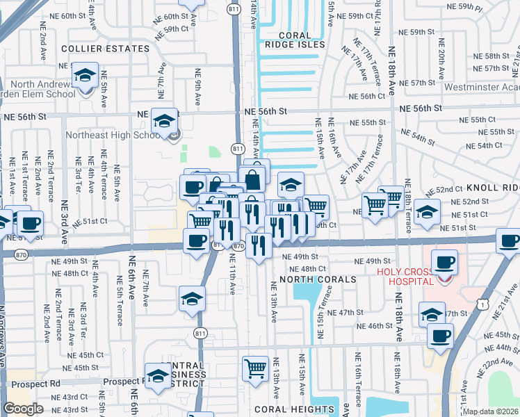 map of restaurants, bars, coffee shops, grocery stores, and more near 5181 Northeast 12th Avenue in Oakland Park