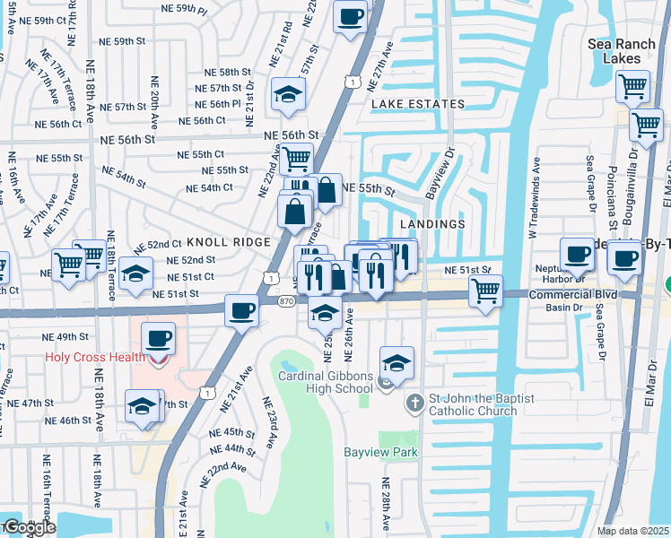map of restaurants, bars, coffee shops, grocery stores, and more near 2455 Northeast 51st Street in Fort Lauderdale