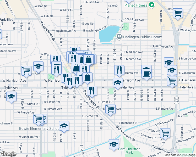 map of restaurants, bars, coffee shops, grocery stores, and more near 298 South 3rd Street in Harlingen