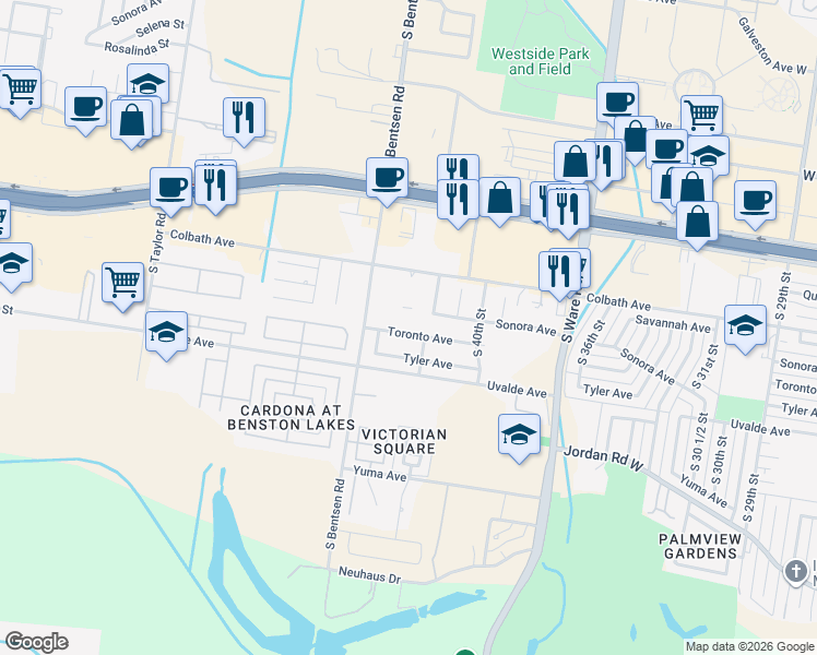map of restaurants, bars, coffee shops, grocery stores, and more near 4220 Toronto Avenue in McAllen