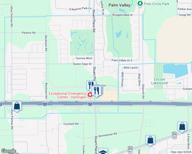 map of restaurants, bars, coffee shops, grocery stores, and more near 226 Lime Drive in Harlingen