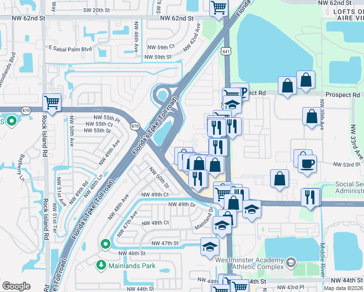 map of restaurants, bars, coffee shops, grocery stores, and more near 118 Treehouse Lane in Tamarac
