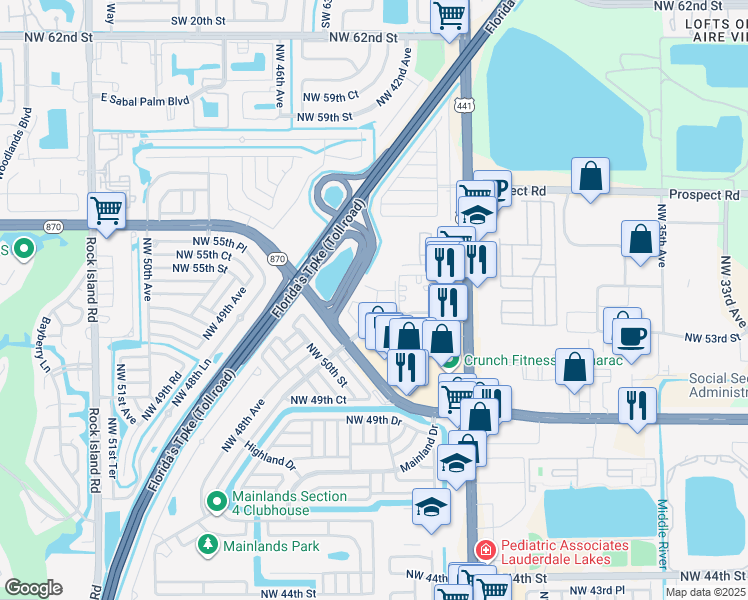 map of restaurants, bars, coffee shops, grocery stores, and more near 4425 Treehouse Lane in Tamarac