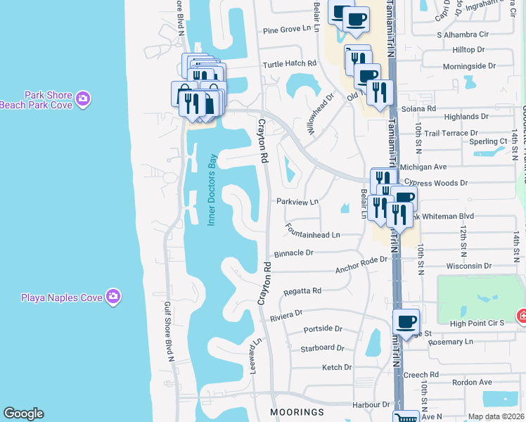 map of restaurants, bars, coffee shops, grocery stores, and more near 3777 Crayton Road in Naples