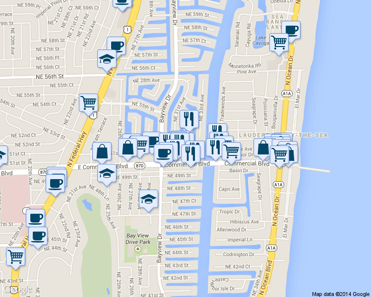 map of restaurants, bars, coffee shops, grocery stores, and more near 5200 Northeast 32nd Avenue in Fort Lauderdale