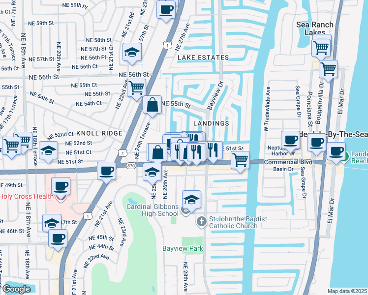 map of restaurants, bars, coffee shops, grocery stores, and more near 2810 Northeast 52nd Street in Fort Lauderdale
