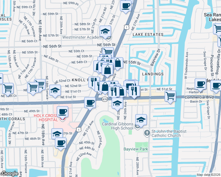 map of restaurants, bars, coffee shops, grocery stores, and more near 2455 Northeast 51st Street in Fort Lauderdale
