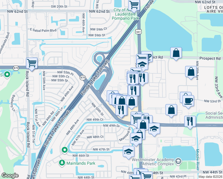 map of restaurants, bars, coffee shops, grocery stores, and more near 118 Treehouse Lane in Tamarac