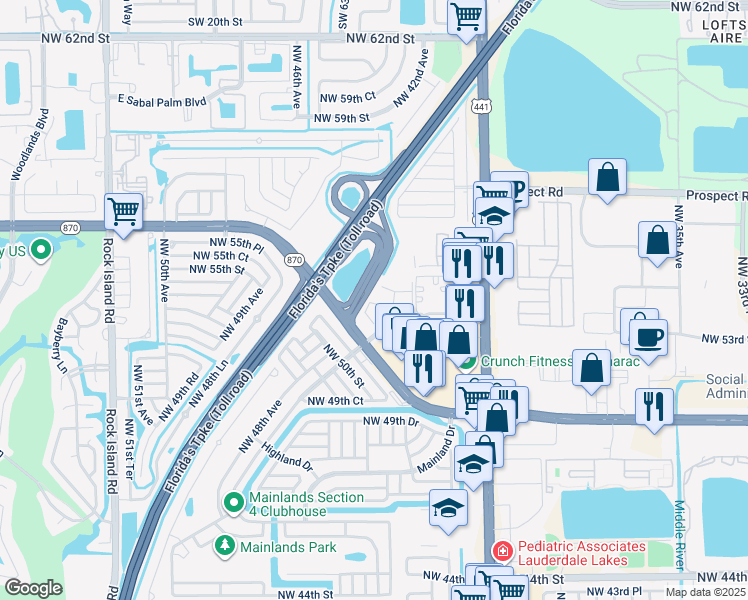 map of restaurants, bars, coffee shops, grocery stores, and more near 118 Treehouse Lane in Tamarac