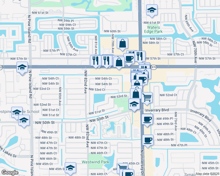 map of restaurants, bars, coffee shops, grocery stores, and more near 7841 Northwest 54th Street in Lauderhill