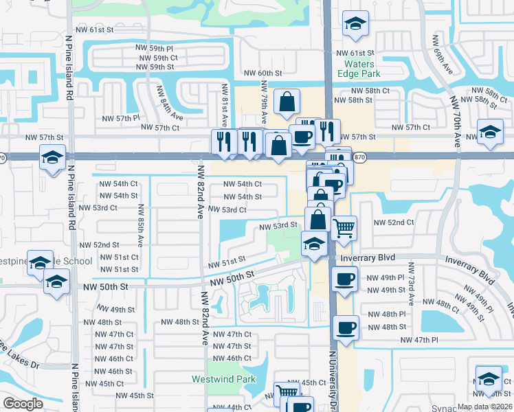 map of restaurants, bars, coffee shops, grocery stores, and more near 7841 Northwest 54th Street in Lauderhill