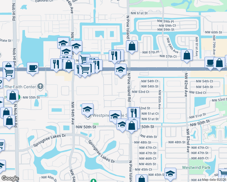 map of restaurants, bars, coffee shops, grocery stores, and more near 9024 Northwest 55th Street in Sunrise