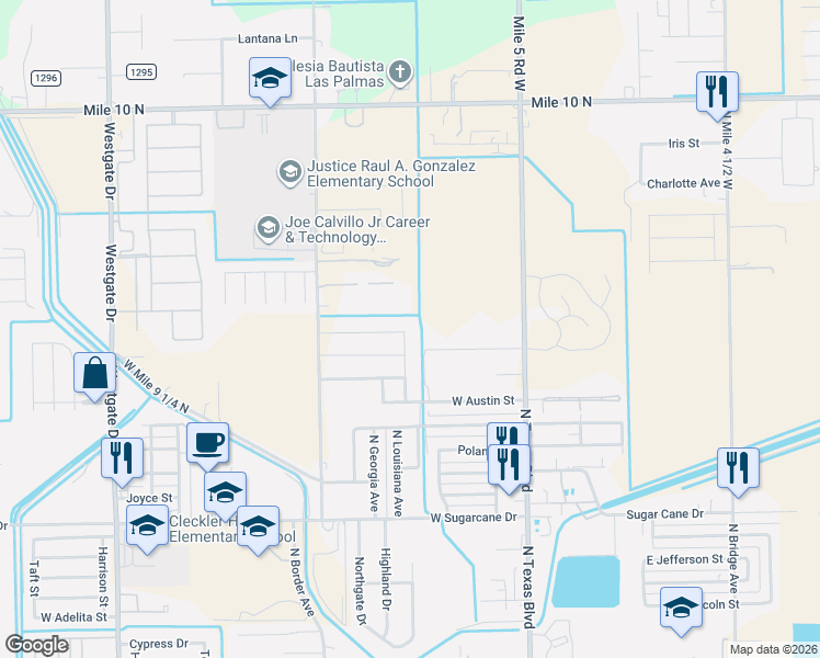 map of restaurants, bars, coffee shops, grocery stores, and more near 2928 Travis Street in Weslaco