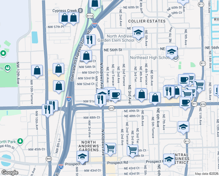 map of restaurants, bars, coffee shops, grocery stores, and more near 5257 Northeast 1st Avenue in Fort Lauderdale