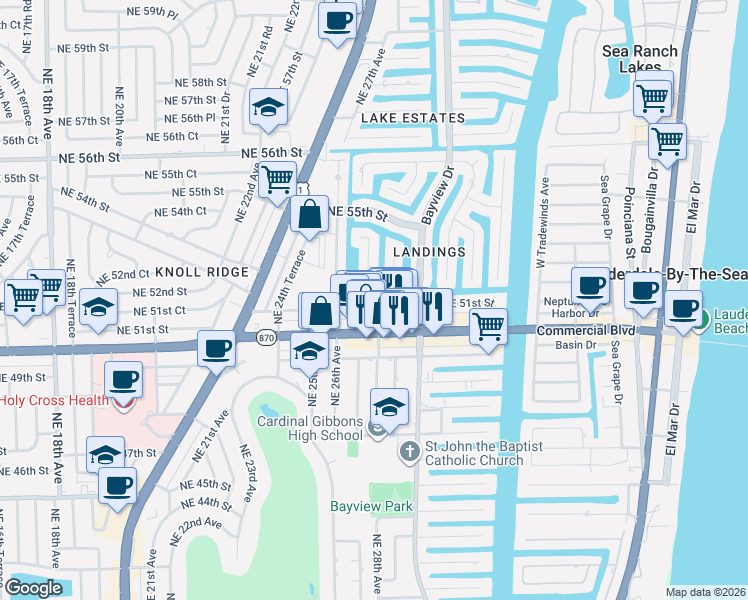 map of restaurants, bars, coffee shops, grocery stores, and more near 2810 Northeast 52nd Street in Fort Lauderdale