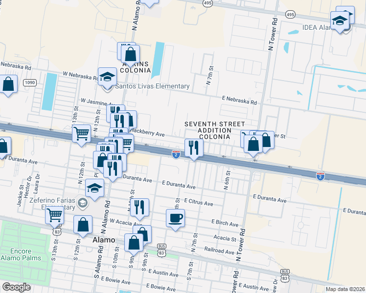 map of restaurants, bars, coffee shops, grocery stores, and more near 817 West Hackberry Avenue in Alamo