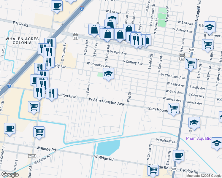 map of restaurants, bars, coffee shops, grocery stores, and more near 517 South Sugar Road in Pharr