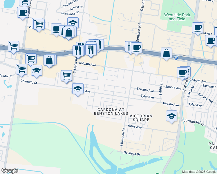 map of restaurants, bars, coffee shops, grocery stores, and more near 4701 Toronto Avenue in McAllen