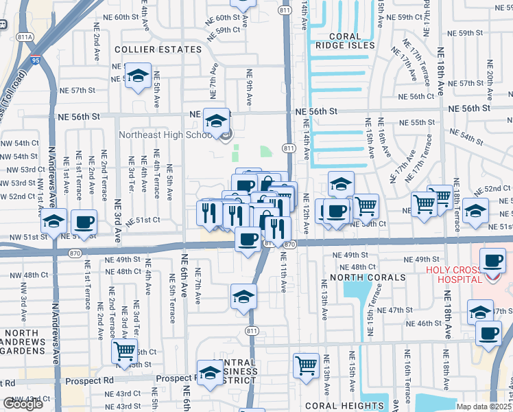 map of restaurants, bars, coffee shops, grocery stores, and more near 5223 North Dixie Highway in Oakland Park