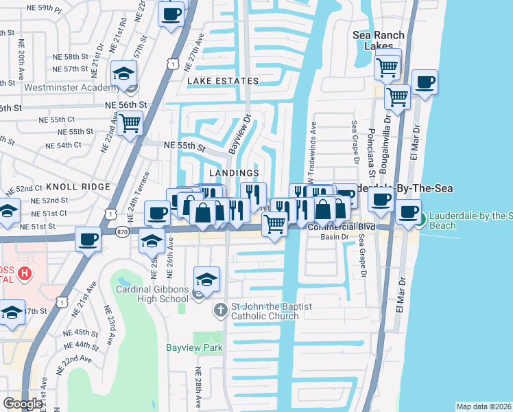 map of restaurants, bars, coffee shops, grocery stores, and more near 5200 Northeast 32nd Avenue in Fort Lauderdale