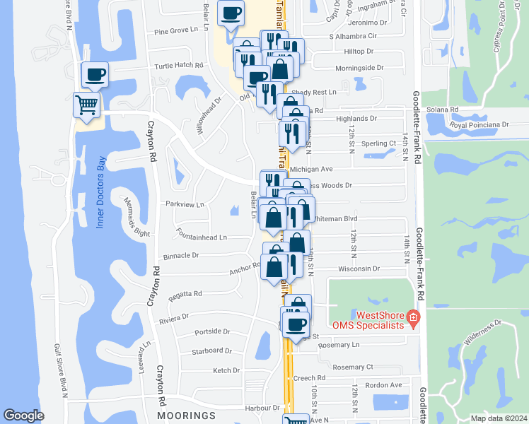 map of restaurants, bars, coffee shops, grocery stores, and more near 3722 Rachel Lane in Naples