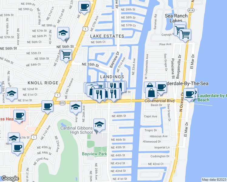 map of restaurants, bars, coffee shops, grocery stores, and more near 5201 Northeast 31st Avenue in Fort Lauderdale