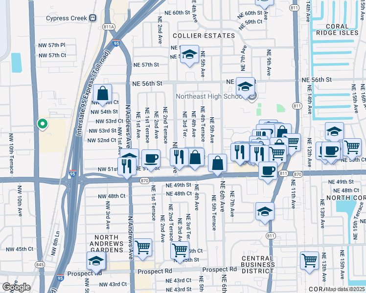 map of restaurants, bars, coffee shops, grocery stores, and more near 5224 Northeast 3rd Terrace in Fort Lauderdale