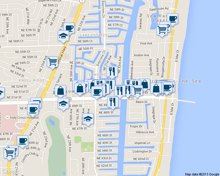 map of restaurants, bars, coffee shops, grocery stores, and more near 5200 Northeast 32nd Avenue in Fort Lauderdale
