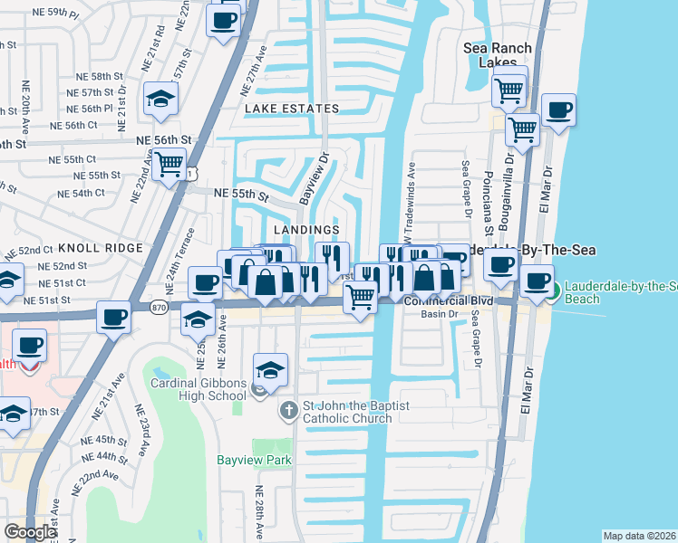 map of restaurants, bars, coffee shops, grocery stores, and more near 5200 Northeast 32nd Avenue in Fort Lauderdale