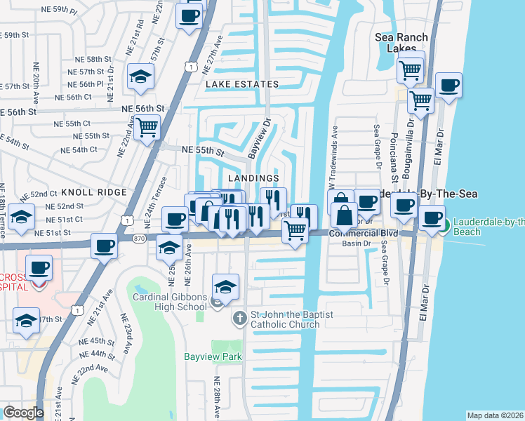 map of restaurants, bars, coffee shops, grocery stores, and more near 5201 Northeast 31st Avenue in Fort Lauderdale