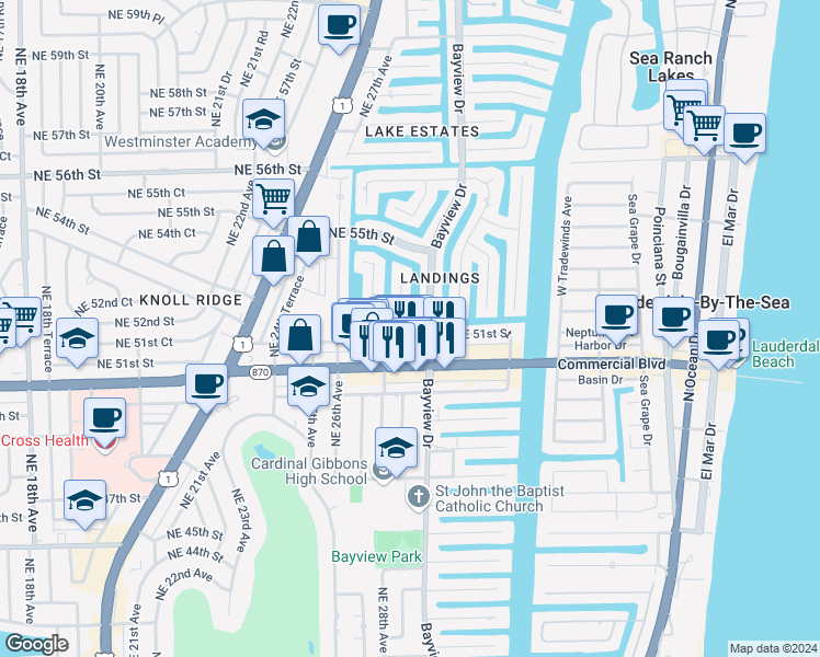 map of restaurants, bars, coffee shops, grocery stores, and more near 2920 Northeast 52nd Street in Fort Lauderdale