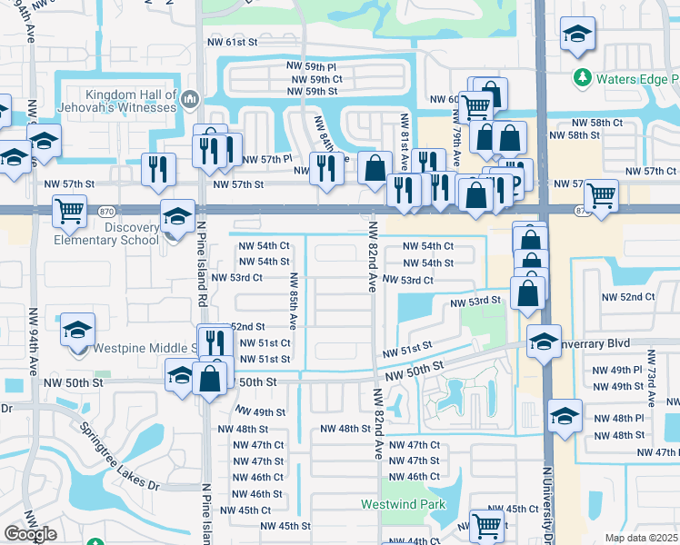 map of restaurants, bars, coffee shops, grocery stores, and more near 8310 Northwest 82nd Terrace in Lauderhill